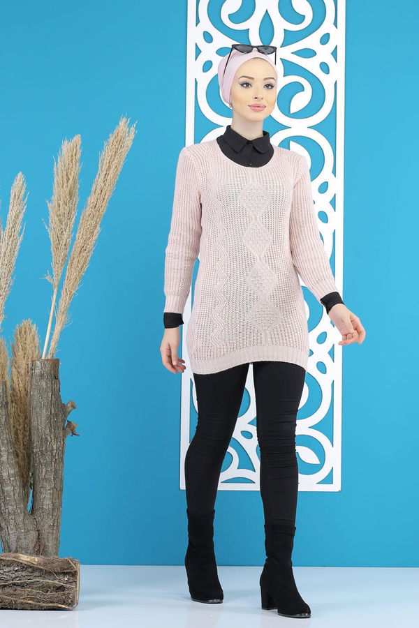 Düz Orta Kadın Pembe Örme Desenlı Kazak Siyah  - 7799 PEMBE
