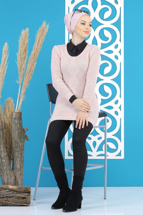 Düz Orta Kadın Pembe Örme Desenlı Kazak Siyah  - 7799 PEMBE