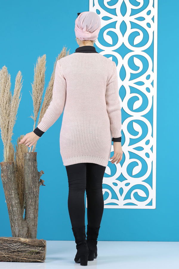 Düz Orta Kadın Pembe Örme Desenlı Kazak Siyah  - 7799 PEMBE