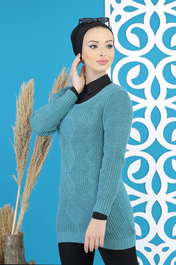 Düz Orta Kadın Yeşil Örme Desenlı Kazak Siyah  - 7799 YEŞİL