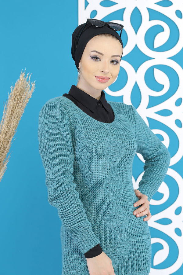 Düz Orta Kadın Yeşil Örme Desenlı Kazak Siyah  - 7799 YEŞİL