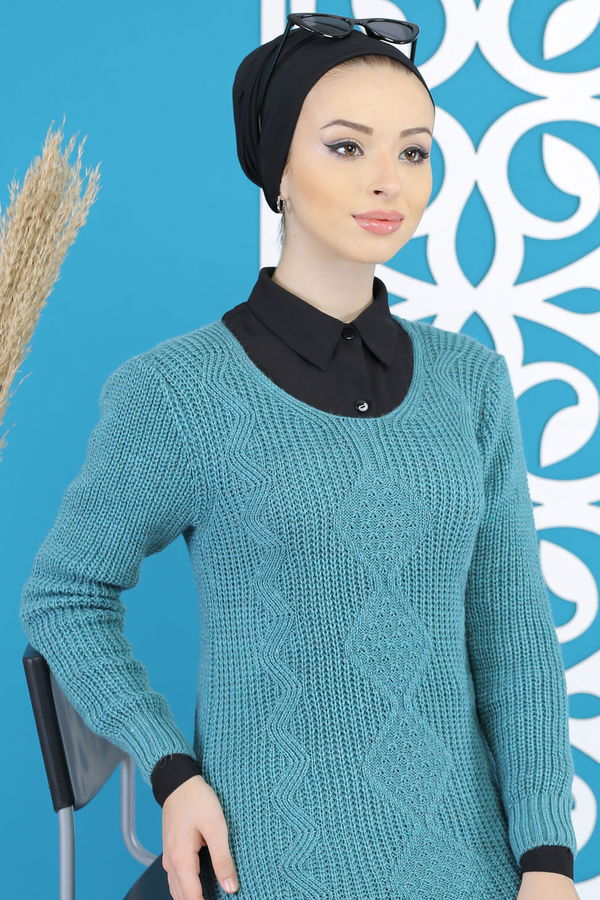 Düz Orta Kadın Yeşil Örme Desenlı Kazak Siyah  - 7799 YEŞİL