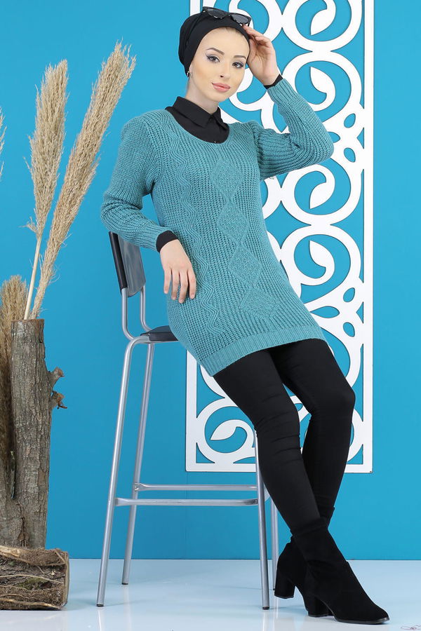 Düz Orta Kadın Yeşil Örme Desenlı Kazak Siyah  - 7799 YEŞİL