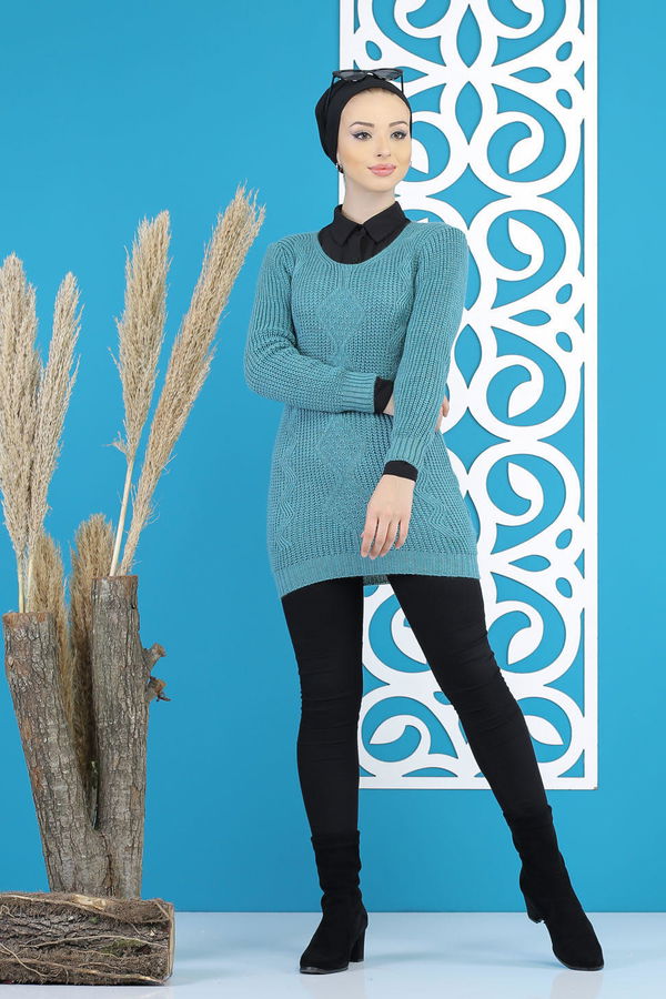 Düz Orta Kadın Yeşil Örme Desenlı Kazak Siyah  - 7799 YEŞİL