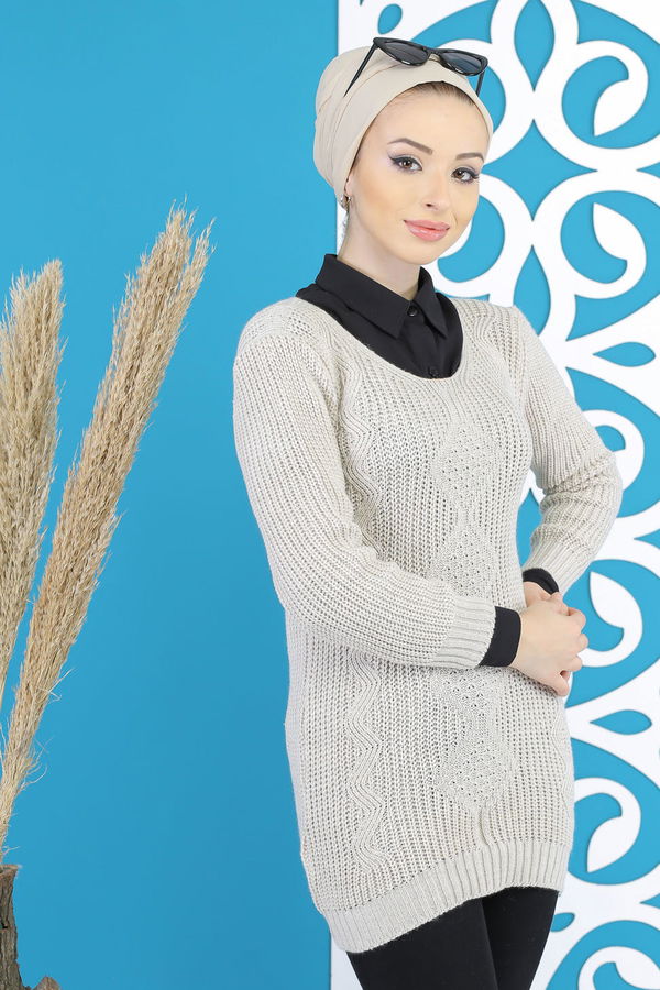 Düz Orta Kadın Bej Örme Desenlı Kazak Siyah  - 7799