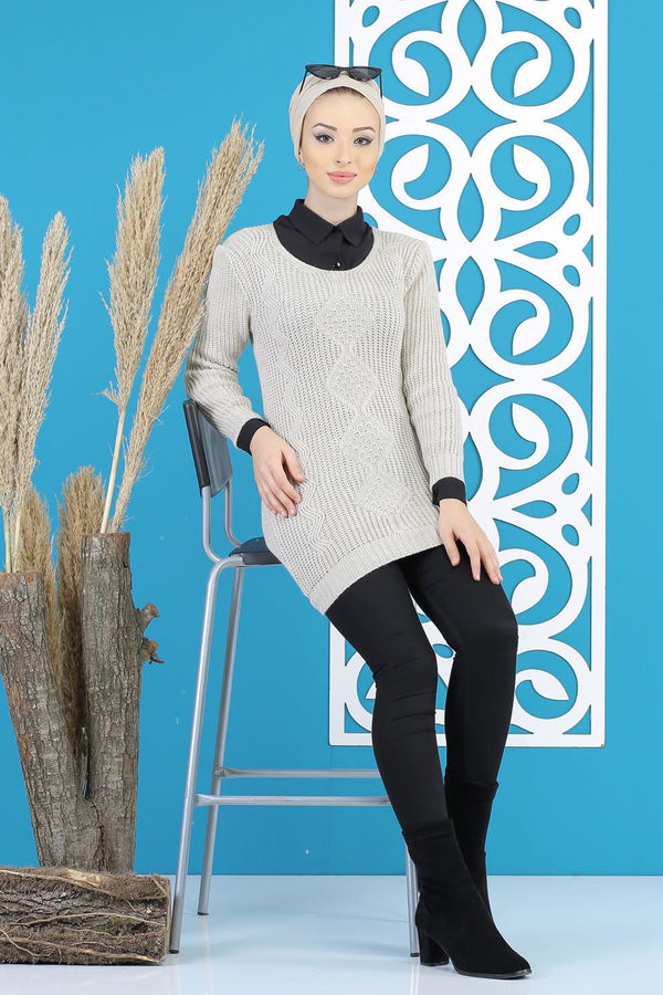Düz Orta Kadın Bej Örme Desenlı Kazak Siyah  - 7799