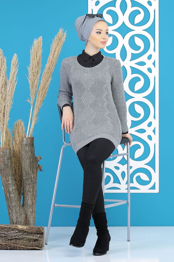 Düz Orta Kadın Gri Örme Desenlı Kazak Siyah  - 7799 GRİ