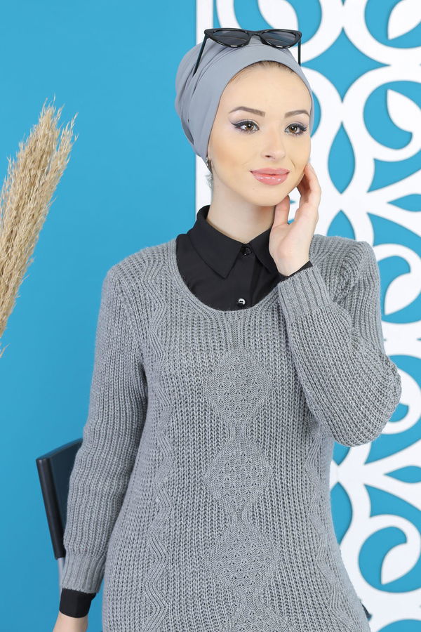 Düz Orta Kadın Gri Örme Desenlı Kazak Siyah  - 7799 GRİ
