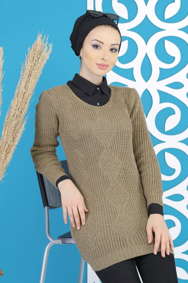 Düz Orta Kadın Vizon Örme Desenlı Kazak Siyah  - 7799 VİZON