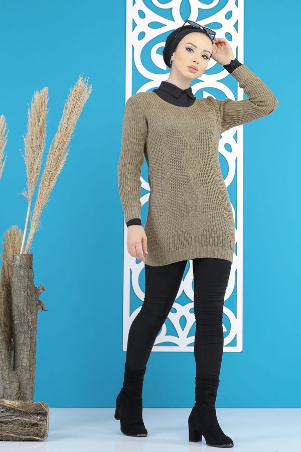 Düz Orta Kadın Vizon Örme Desenlı Kazak Siyah  - 7799 VİZON