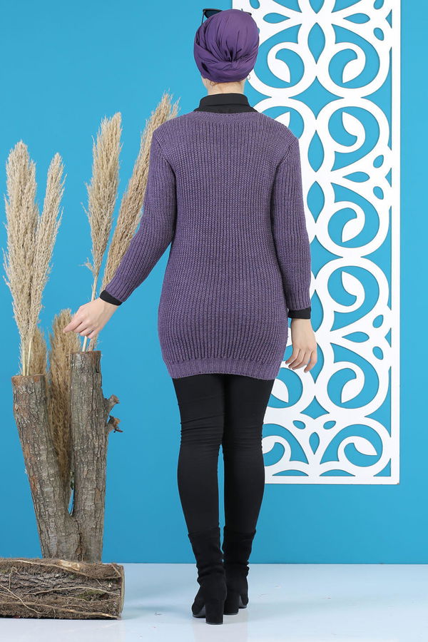 Düz Orta Kadın Mor Örme Desenlı Kazak Siyah  - 7799 MOR