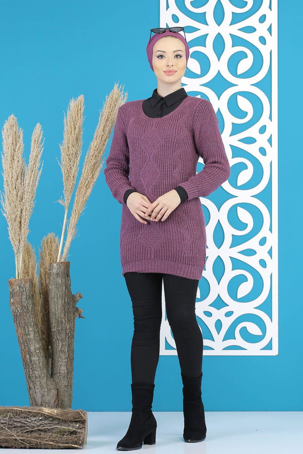 Düz Orta Kadın Mürdüm Örme Desenlı Kazak Siyah  - 7799
