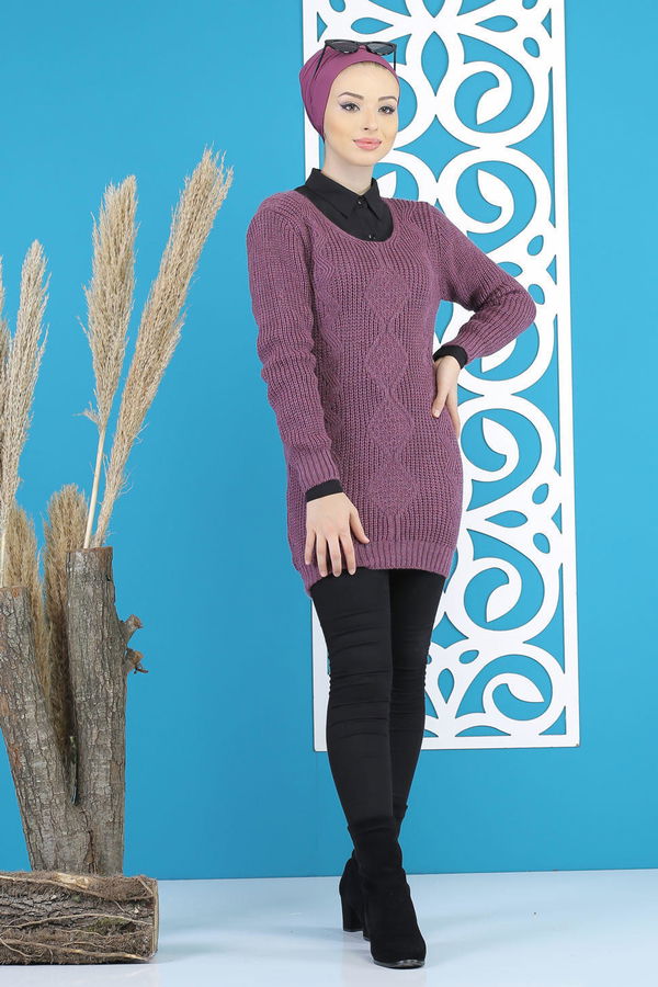 Düz Orta Kadın Mürdüm Örme Desenlı Kazak Siyah  - 7799