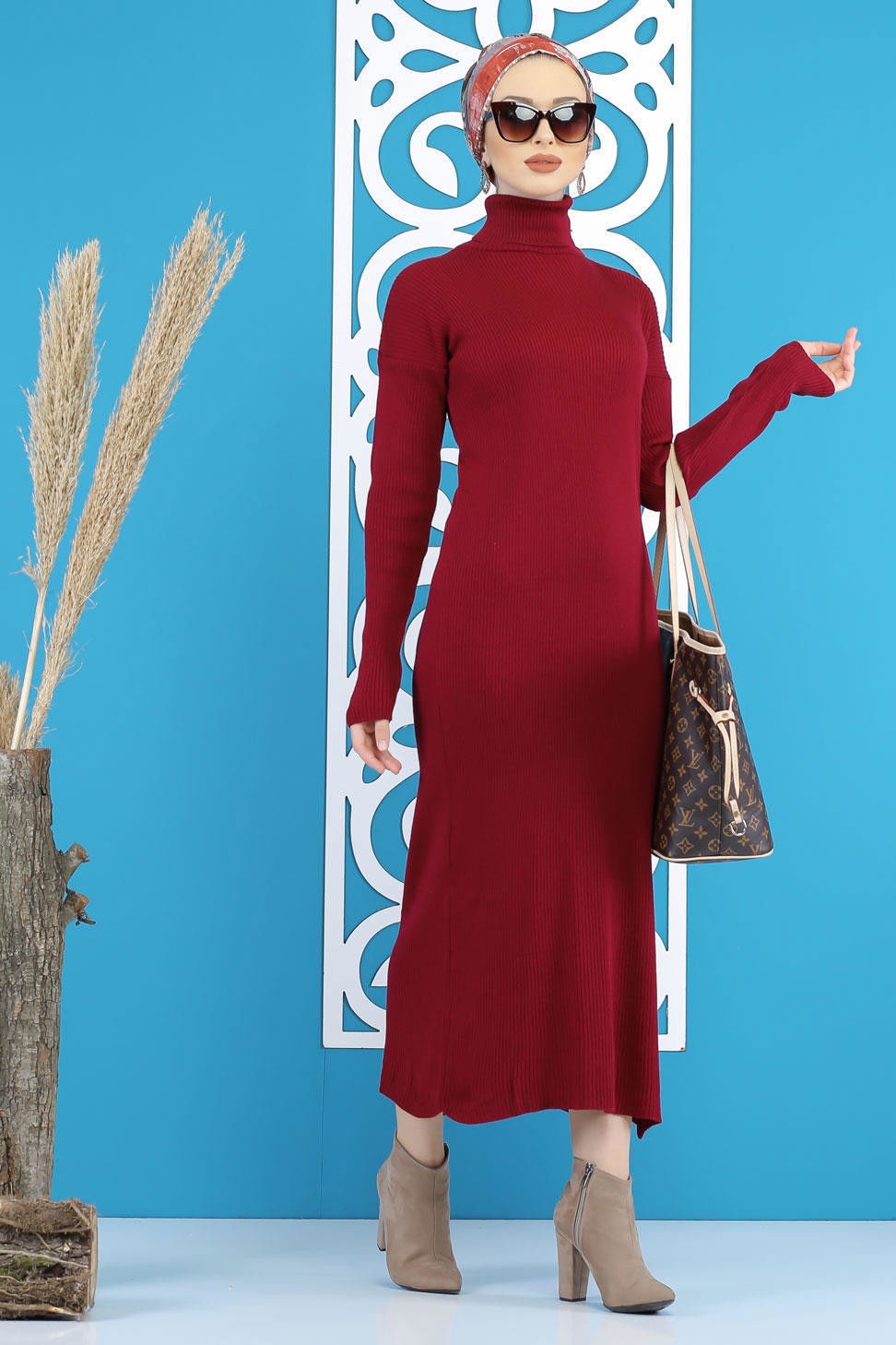 Düz Orta Kadın Bordo Bogazlı Triko Elbise Siyah  - 7801 BORDO