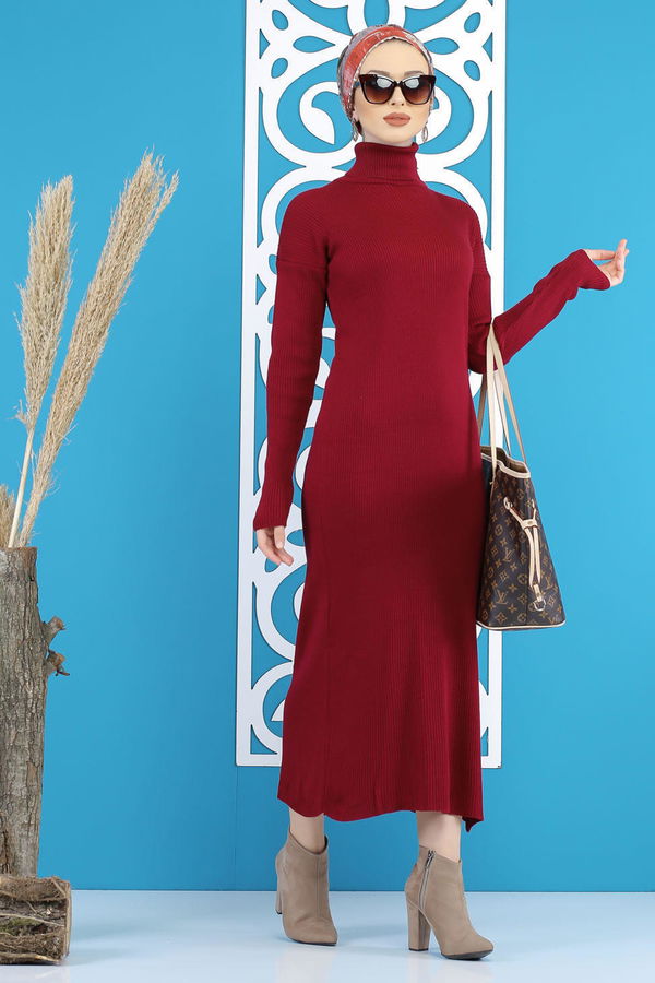 Düz Orta Kadın Bordo Bogazlı Triko Elbise Siyah  - 7801 BORDO
