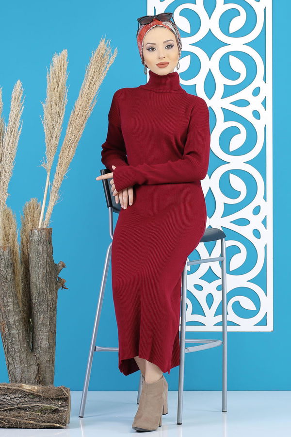 Düz Orta Kadın Bordo Bogazlı Triko Elbise Siyah  - 7801 BORDO
