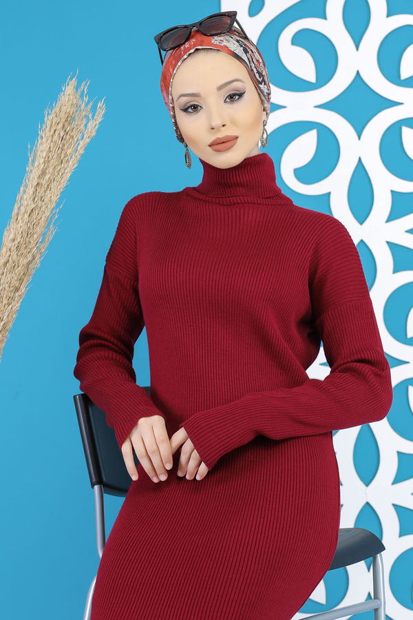 Düz Orta Kadın Bordo Bogazlı Triko Elbise Siyah  - 7801 BORDO