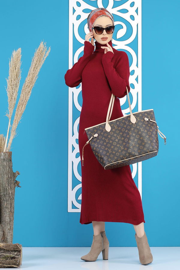 Düz Orta Kadın Bordo Bogazlı Triko Elbise Siyah  - 7801 BORDO
