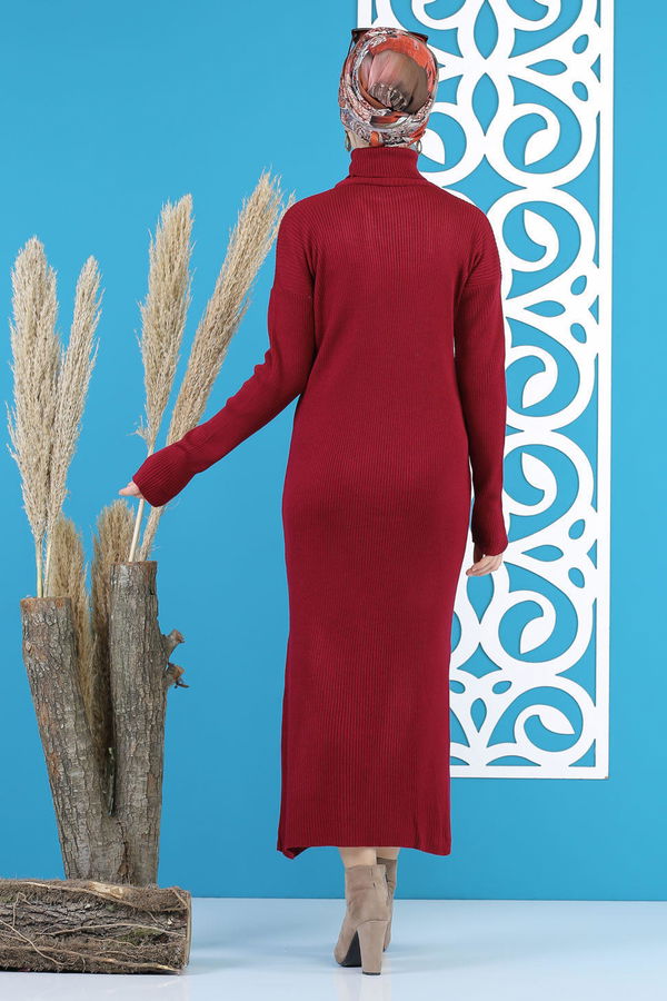 Düz Orta Kadın Bordo Bogazlı Triko Elbise Siyah  - 7801 BORDO
