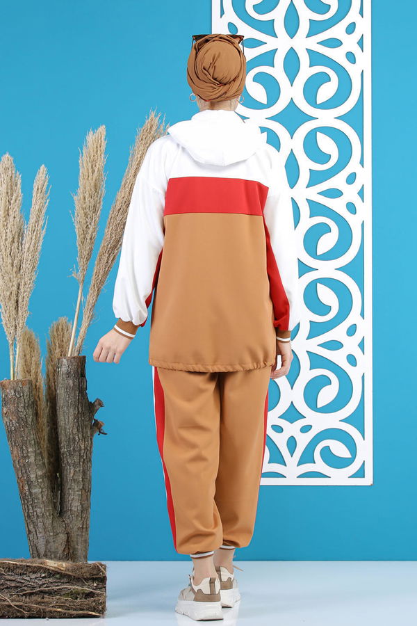 Düz Orta Kadın Beyaz Tunik Pantolon Taba Beyaz  - 7818 BEYAZ