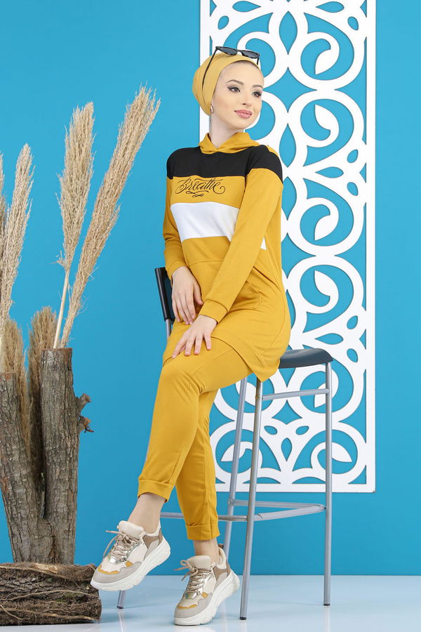 Düz Orta Kadın Sarı Tunik Pantolon Haki  - 7808 Sarı