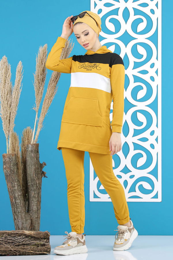 Düz Orta Kadın Sarı Tunik Pantolon Haki  - 7808 Sarı