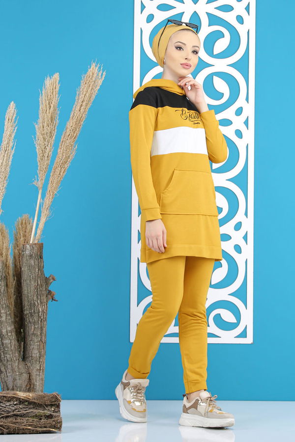 Düz Orta Kadın Sarı Tunik Pantolon Haki  - 7808 Sarı
