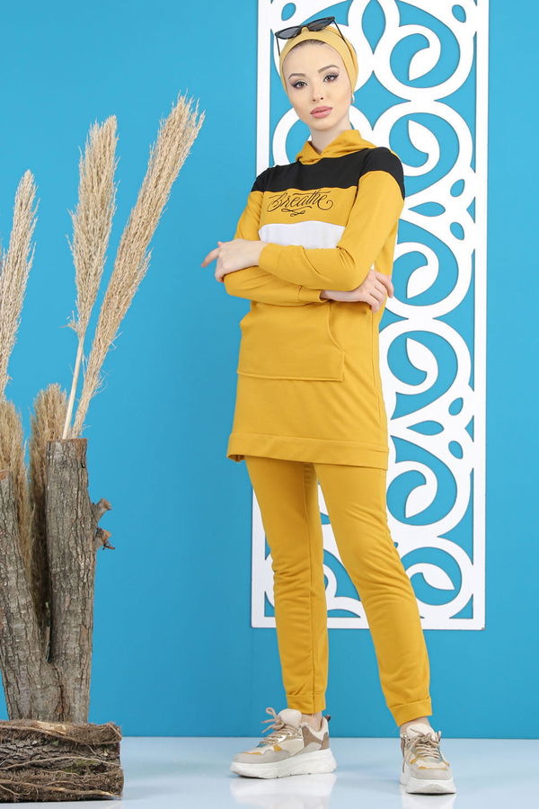 Düz Orta Kadın Sarı Tunik Pantolon Haki  - 7808 Sarı