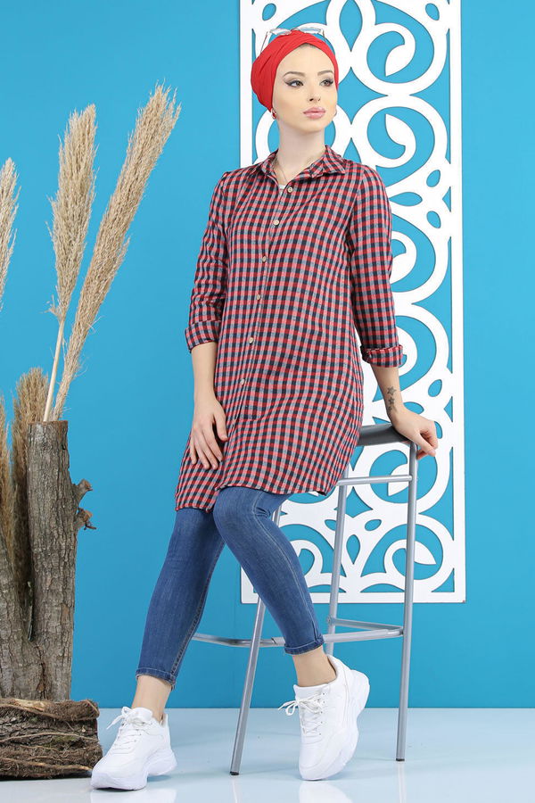 Düz Orta Kadın Kırmızı Ekose Tunik Kırmızı Laci - 7784 - 7784