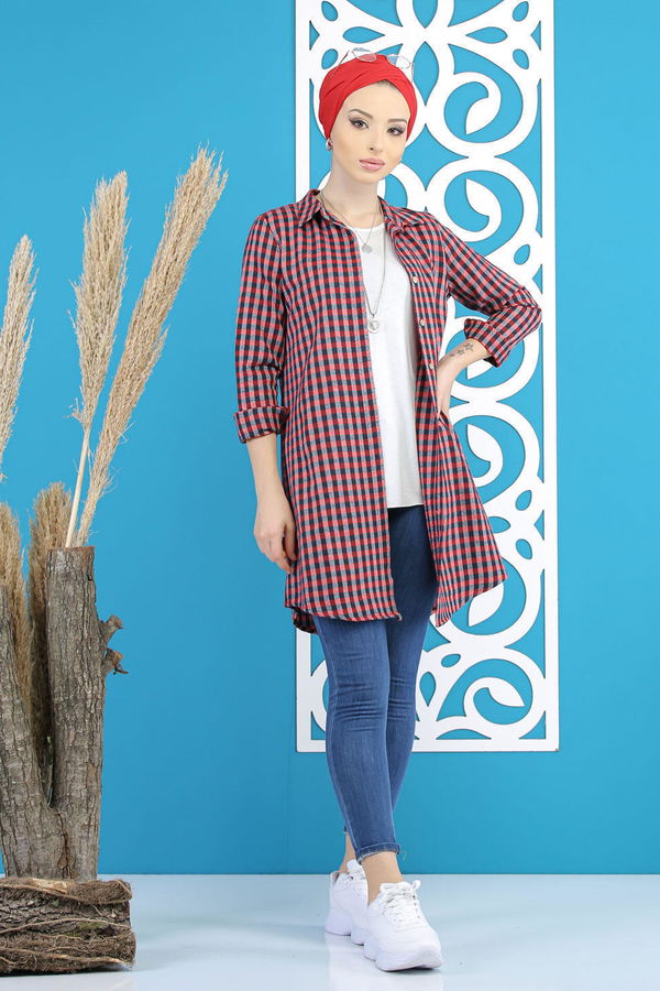 Düz Orta Kadın Kırmızı Ekose Tunik Kırmızı Laci - 7784 - 7784