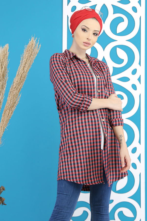 Düz Orta Kadın Kırmızı Ekose Tunik Kırmızı Laci - 7784 - 7784