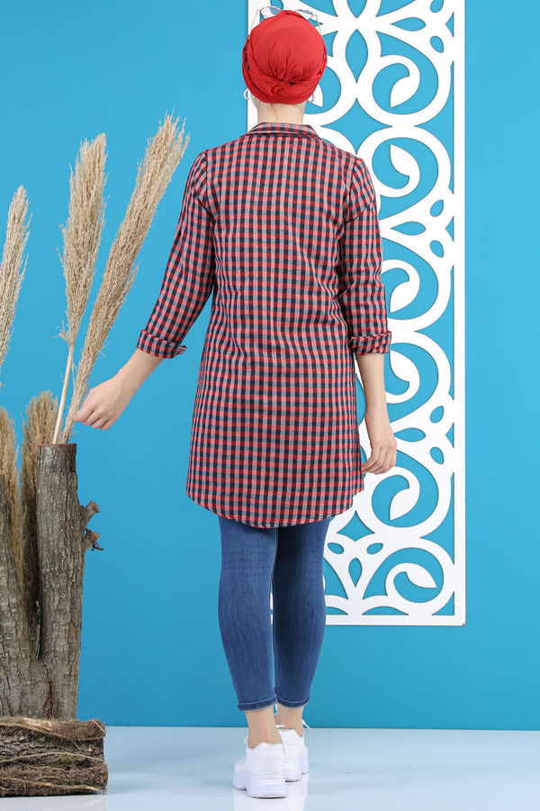 Düz Orta Kadın Kırmızı Ekose Tunik Kırmızı Laci - 7784 - 7784