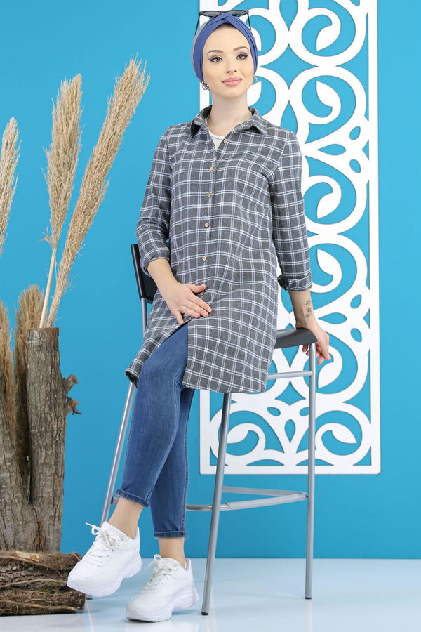 Düz Orta Kadın Antrasit Ekose Tunik Antrasit - 7783 - 7783 ANTRASİT