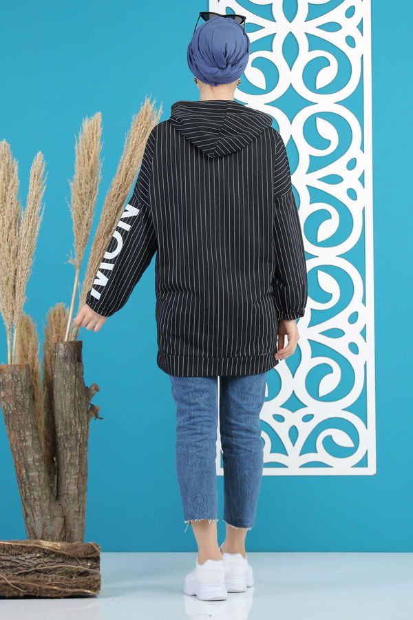 Düz Orta Kadın Siyah Kapşonlu Tunik Siyah  - 4108 SİYAH