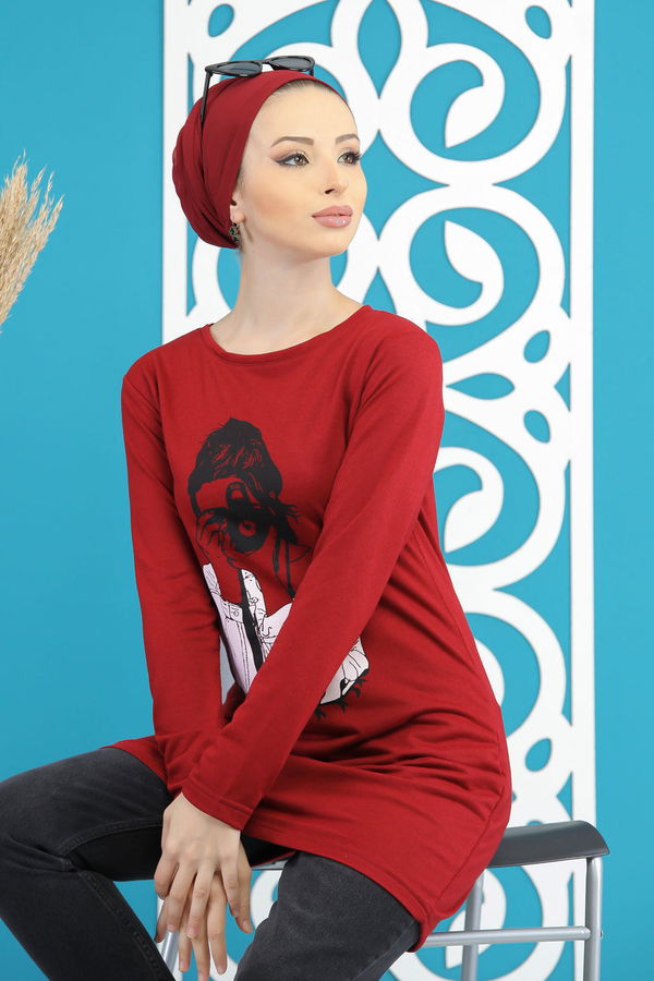 Düz Orta Kadın Bordo Kız Baskılı Tunik   - 7824 BORDO