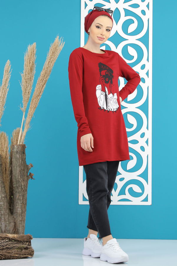 Düz Orta Kadın Bordo Kız Baskılı Tunik   - 7824 BORDO