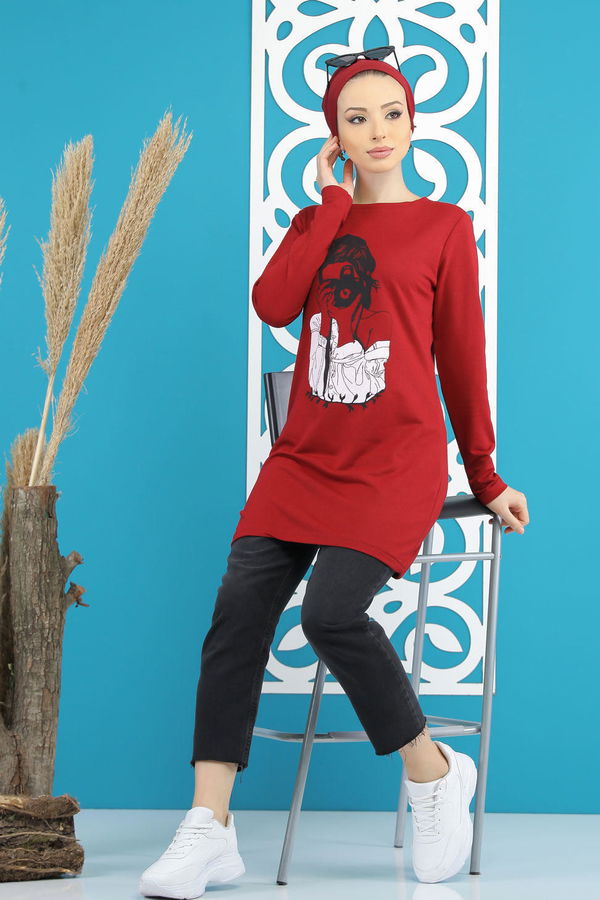 Düz Orta Kadın Bordo Kız Baskılı Tunik   - 7824 BORDO