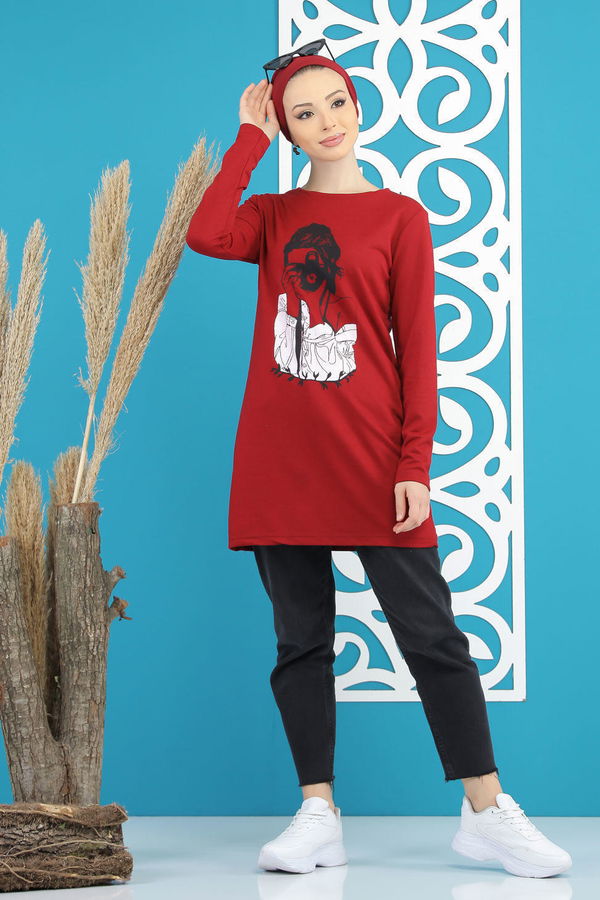 Düz Orta Kadın Bordo Kız Baskılı Tunik   - 7824 BORDO