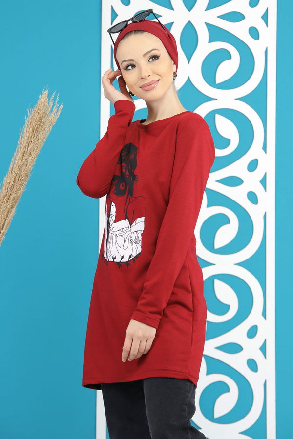 Düz Orta Kadın Bordo Kız Baskılı Tunik   - 7824 BORDO