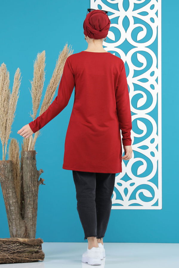 Düz Orta Kadın Bordo Kız Baskılı Tunik   - 7824 BORDO