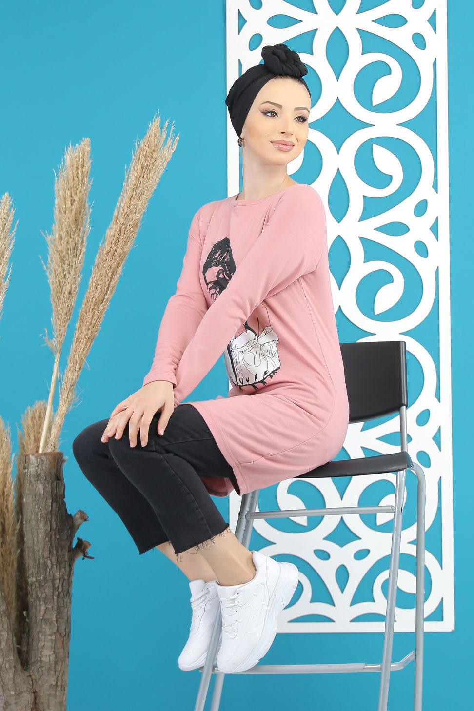 Düz Orta Kadın Pembe Kız Baskılı Tunik   - 7824 PEMBE