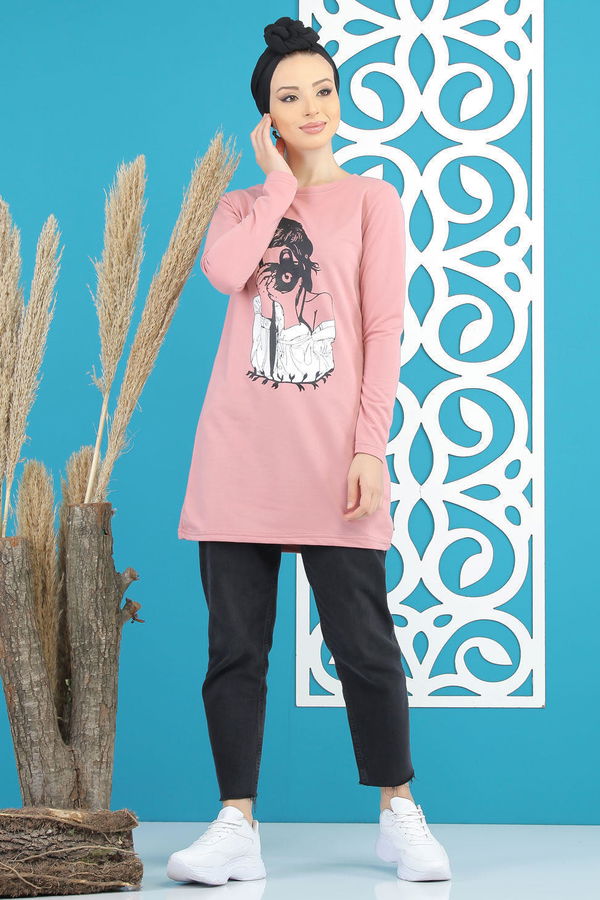 Düz Orta Kadın Pembe Kız Baskılı Tunik   - 7824 PEMBE