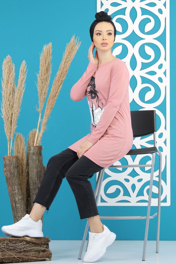 Düz Orta Kadın Pembe Kız Baskılı Tunik   - 7824 PEMBE