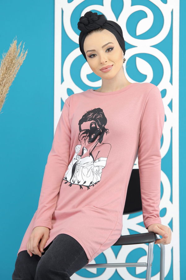Düz Orta Kadın Pembe Kız Baskılı Tunik   - 7824 PEMBE