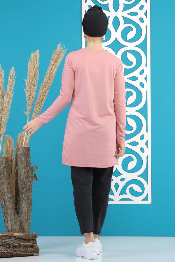 Düz Orta Kadın Pembe Kız Baskılı Tunik   - 7824 PEMBE