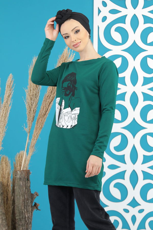 Düz Orta Kadın Yeşil Kız Baskılı Tunik   - 7824 YEŞİL
