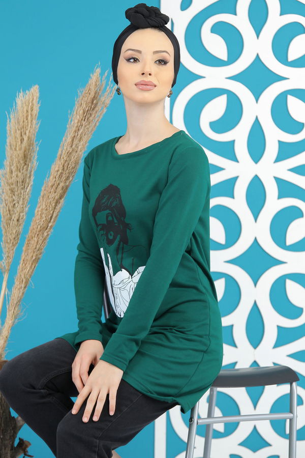 Düz Orta Kadın Yeşil Kız Baskılı Tunik   - 7824 YEŞİL
