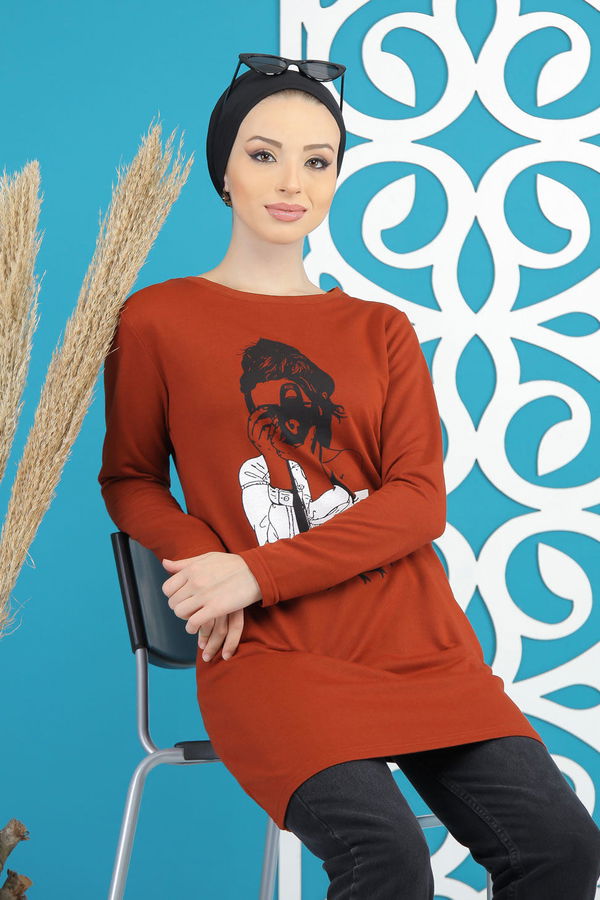 Düz Orta Kadın Kiremit Kız Baskılı Tunik   - 7824 KİREMİT