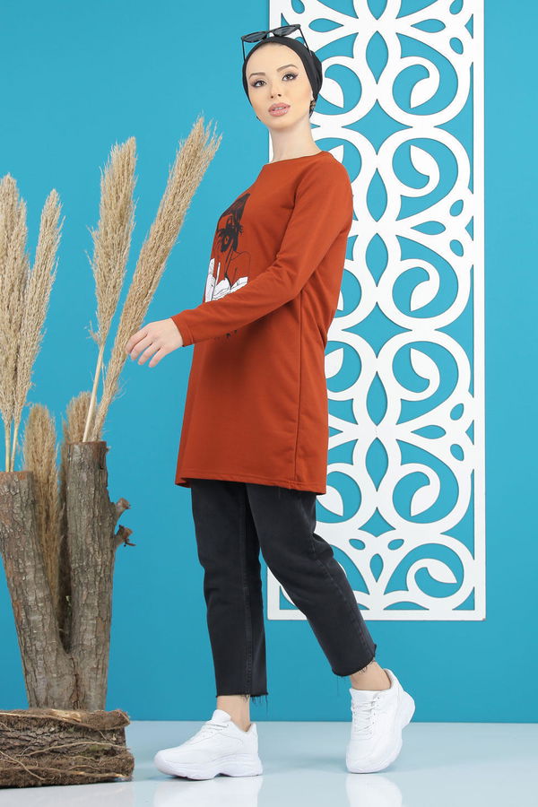 Düz Orta Kadın Kiremit Kız Baskılı Tunik   - 7824 KİREMİT