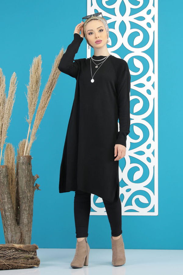 Düz Orta Kadın Siyah Triko Tunik Siyah  - 7827 SİYAH